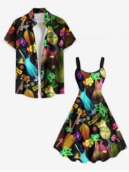 Tenue de plage hawaïenne assortie grande taille à imprimé floral et cocotier fluo pour couple - Noir 