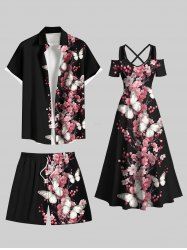 Flower Butterfly Print Plus Size Matching Hawaii Beach Outfit For Couples -  