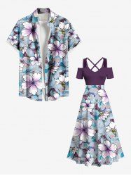 Tenue de Plage Grande Taille Imprimé à Fleurs Assorti pour la Plage - Bleu clair 