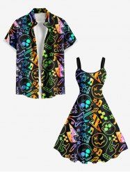 Colorful Ombre Skull Guitar Star Letters Music Symbol Print Plus Size Matching Hawaii Beach Outfit For Couples -  