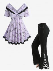 Flower Print Twist Convertible Collar Top and Split Lace Up Topstitching Pocket Flare Pants Plus Size Outfit -  