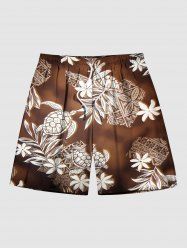 Plus Size Tropical Leaves Floral Turtle Ethnic Graphic Print Hawaii Drawstring Beach Shorts For Men -  