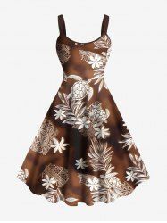 Robe débardeur grande taille à imprimé ethnique ombré et feuilles tropicales et tortues hawaïennes - café L