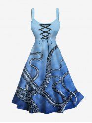 Robe Ligne A Pieuvre Ombrée Imprimés de Grande Taille à Lacets - Bleu 3X