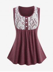 Plus Size Floral Lace Panel Buttons Sleeveless Tank Top -  