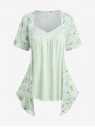 Plus Size Floral Leaf Print Mock Buttons Patchwork 2 in 1 Top -  