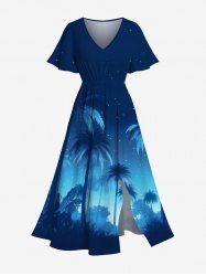 Robe Mi-Longue Hawaïen Fendue Cocotier et Galaxie Imprimés de Grande Taille - Bleu Ciel XS