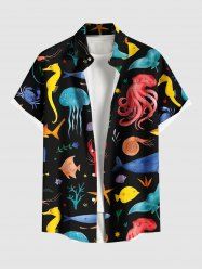 Chemise Décontractée Pieuvre de Poisson Colorée avec Poche de Grande Taille - Noir L