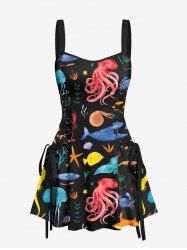 Colorful Octopus Jellyfish Seahorse Coral Fish Print Hawaii Sea Creatures Lace Up A Line Tank Dress -  