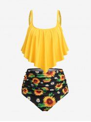 Maillot de Bain Tankini Péplum à Bretelle Réglable Tournesol Imprimé de Grande Taille - Jaune 4X