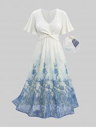 Plus Size Blue And White Porcelain Flowers Print Twist Hollow Out Back Ruffles Dress -  