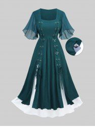 Plus Size Lace Up Grommets Split Ruffles Sleeve Square Neck Dress -  