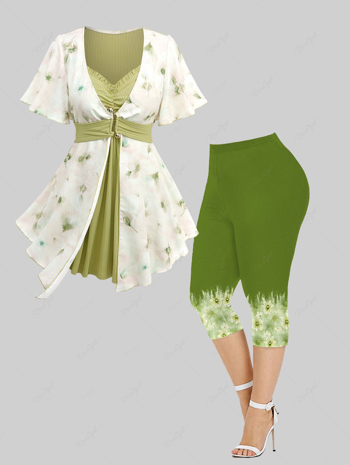 Sale Watercolor Flowers Printed Buckle Ruched Ruffles Ribbed Textured 2 In 1 Blouse and Ombre Printed Capri Leggings Plus Size Outfit  