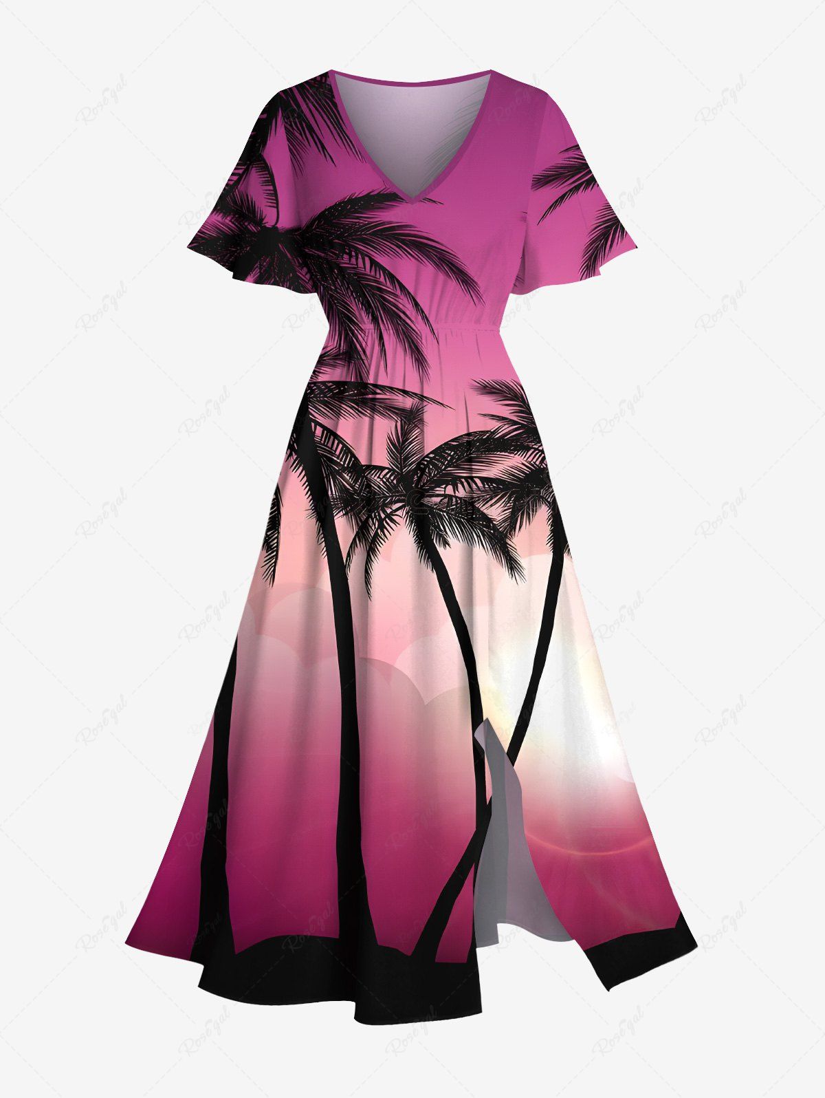 Online Plus Size Coconut Tree Sun Ombre Light Beam 3D Print Split Hawaii Midi Dress  