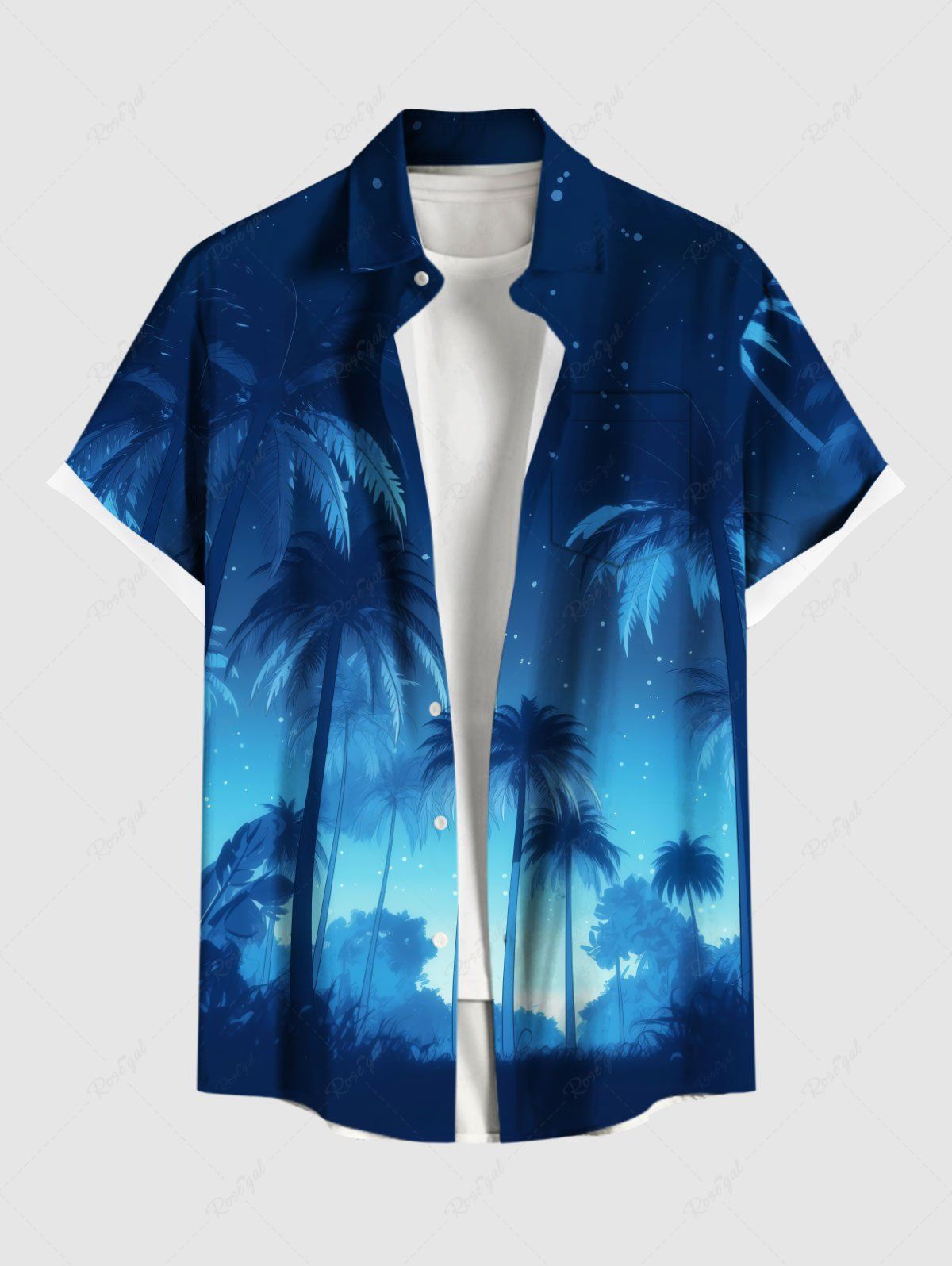 New Plus Size Coconut Tree Ombre Galaxy Print Buttons Pocket Hawaii Shirt For Men  