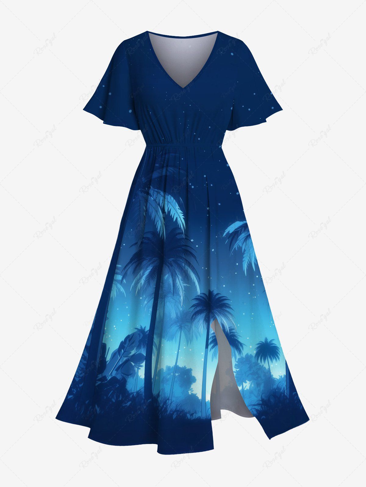 Affordable Plus Size Coconut Tree Ombre Galaxy Print Split Hawaii Midi Dress  