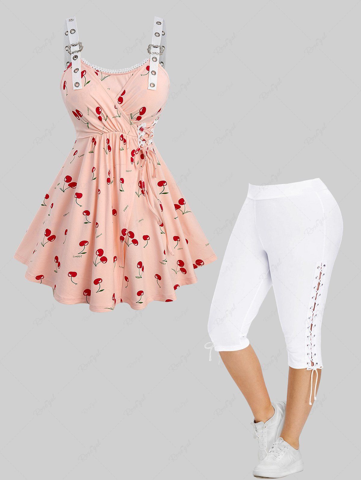 Outfits Cherry Print Lace-up Surplice Tank Top and Capri Pants Plus Size Outfit  