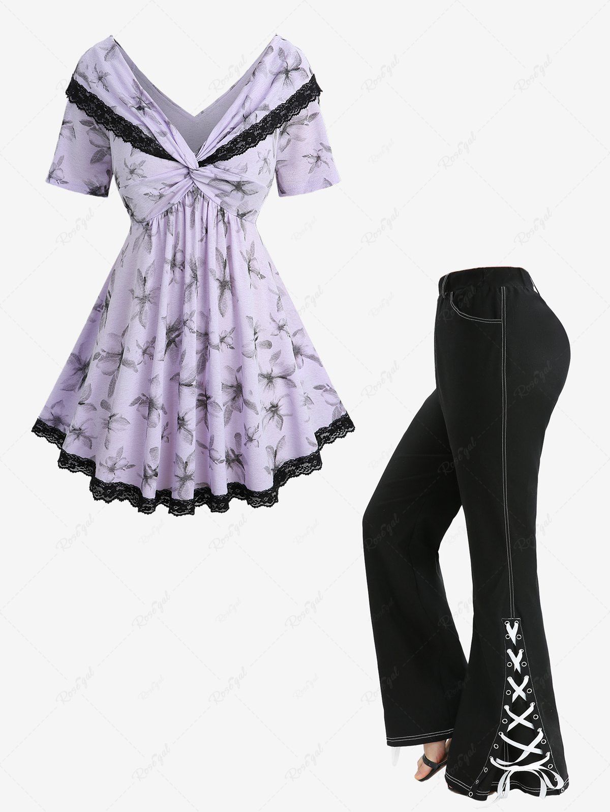 Fashion Flower Print Twist Convertible Collar Top and Split Lace Up Topstitching Pocket Flare Pants Plus Size Outfit  