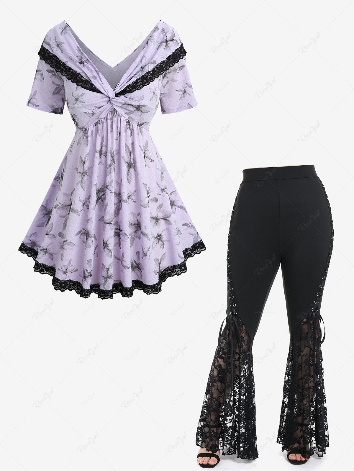 Shops Flower Print Twist Convertible Collar Top and Lace Panel Flare Pants with Lace-up Plus Size Outfit  