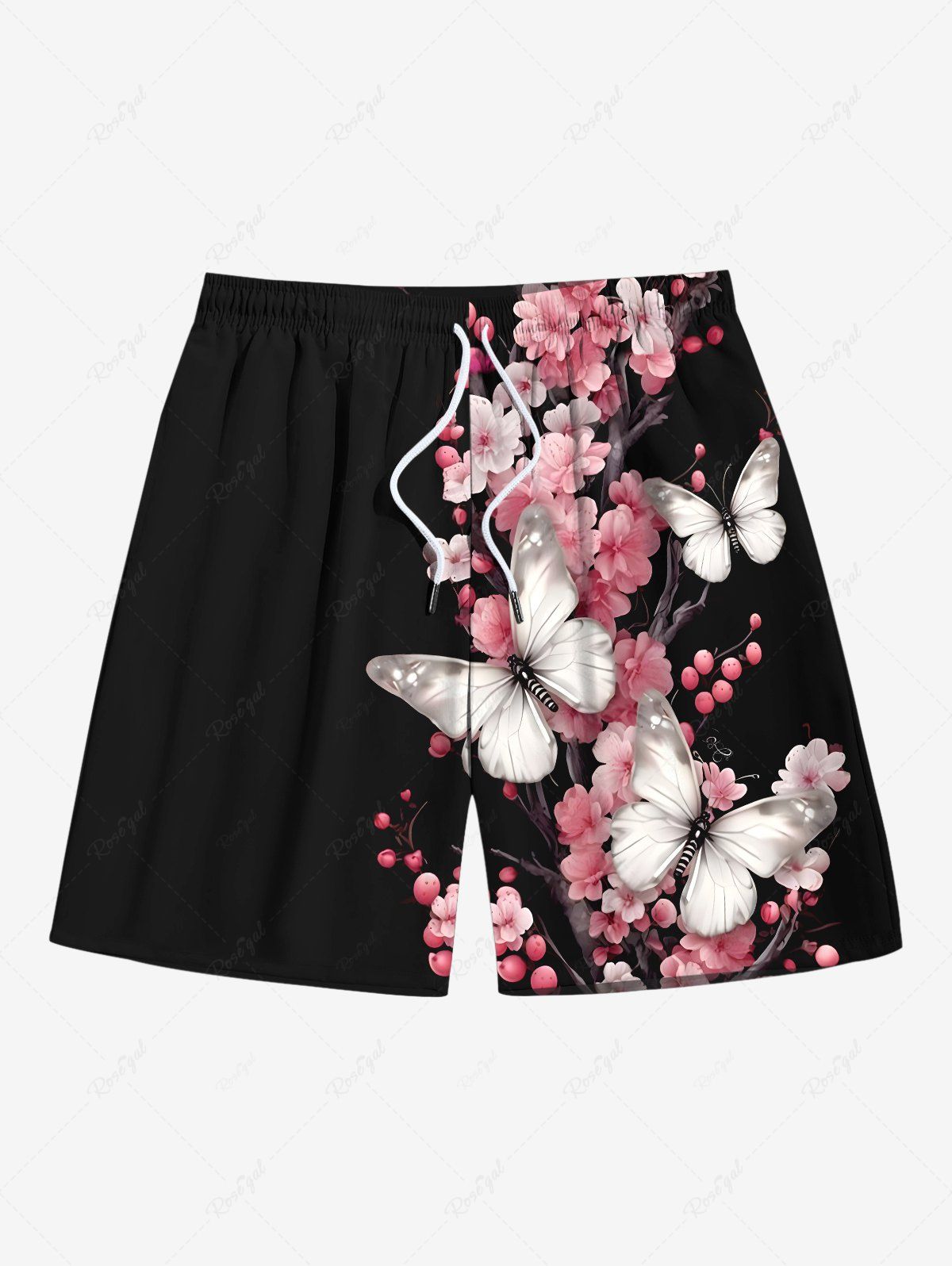Online Plus Size Floral Branch Butterfly Print Hawaii Drawstring Beach Shorts For Men  