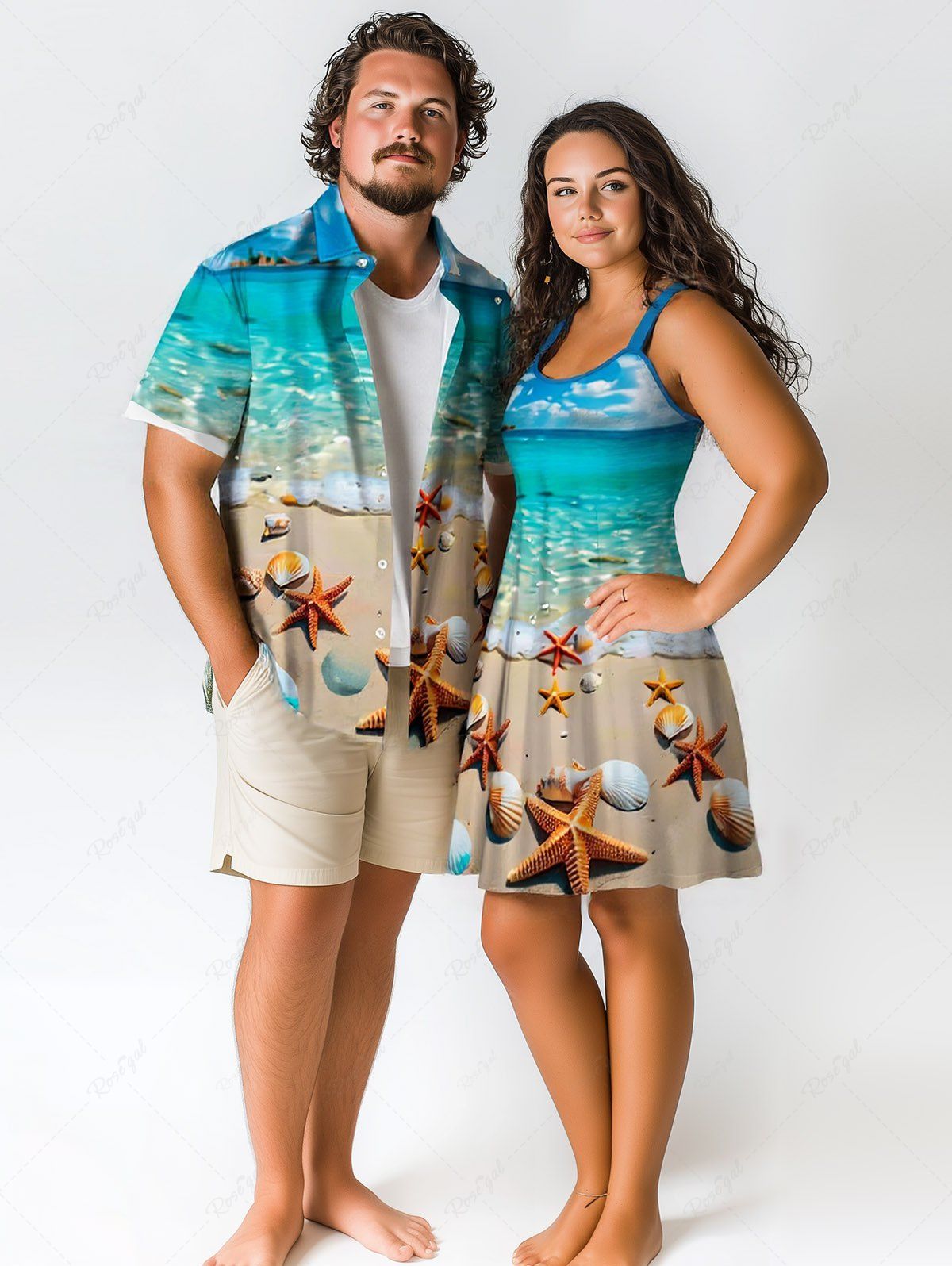 Buy Sea Creatures Beach Shell Print Backless Dress and Button Pocket Shirt Plus Size Matching Hawaii Beach Outfit for Couples  