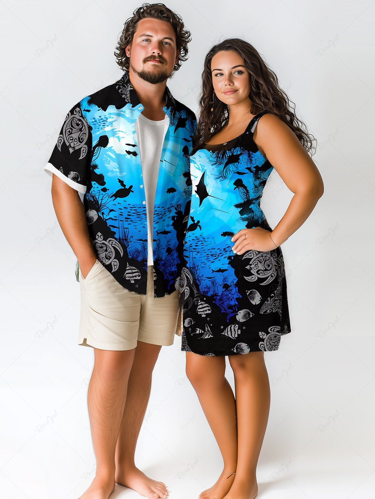 Unique Sea Creatures Turtle Fish Colorblock Print Plus Size Matching Hawaii Beach Outfit For Couples  