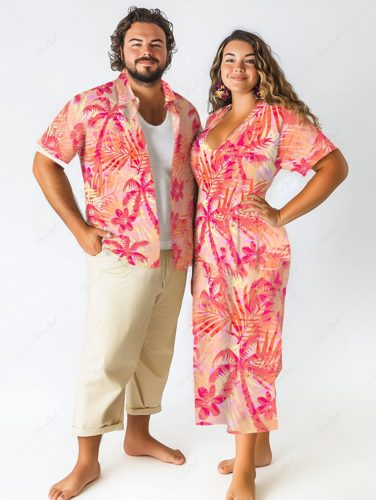 Coconut Tree Flowers Print Plus Size Matching Hawaii Beach Outfit For Couples