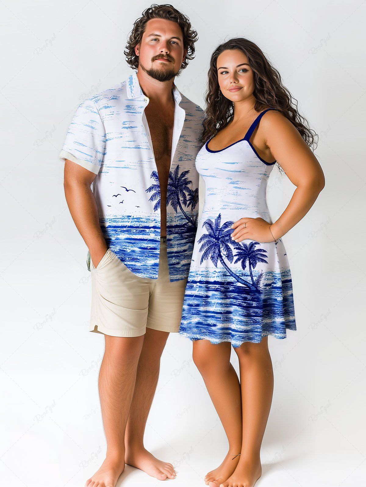 Online Tropical Sea Coconut Tree Seagull Cloud Print Plus Size Matching Hawaii Beach Outfit For Couples  