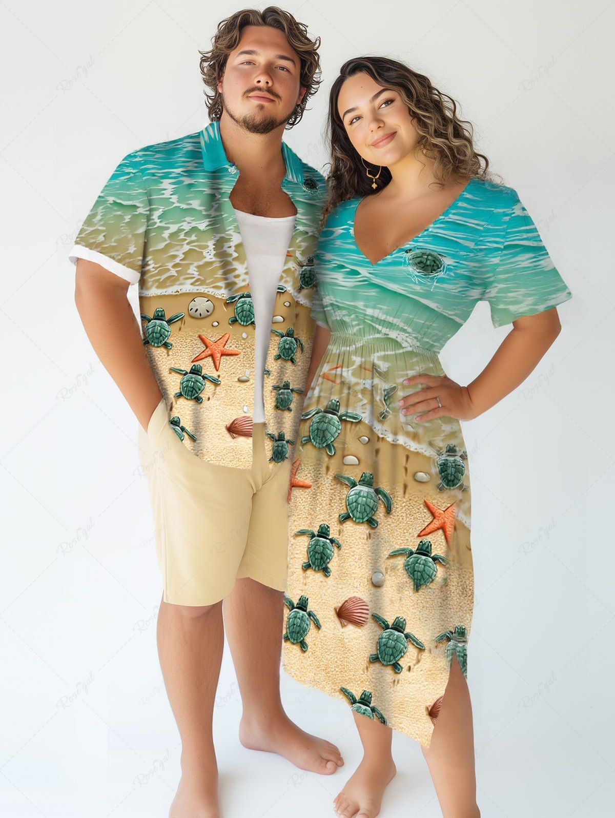 Hot Vacation Style Sea Creatures Beach Starfish Turtle Shell Print Plus Size Hawaii Beach Outfit for Couples  
