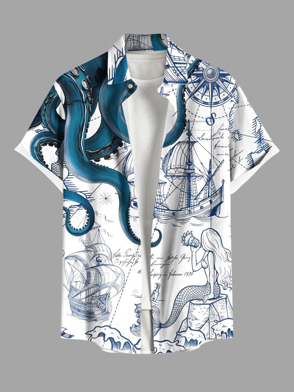 Shops Plus Size Octopus Mermaid Boat Cruise Print Buttons Pocket Hawaii Shirt For Men  