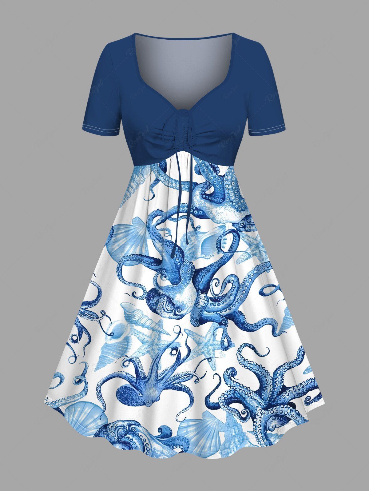 New Plus Size Octopus Starfish Shell Print Cinched Hawaii Dress  