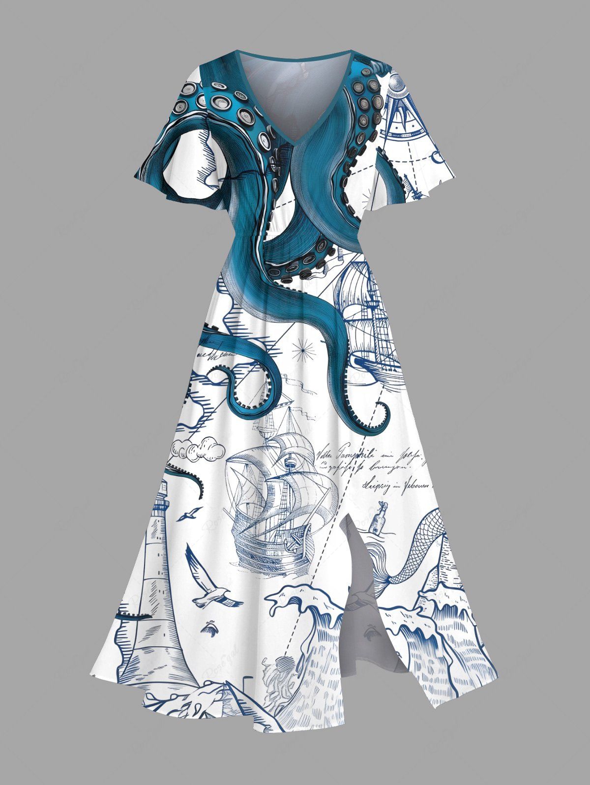 Sale Plus Size Octopus Mermaid Boat Cruise Print Split Hawaii Midi Dress  