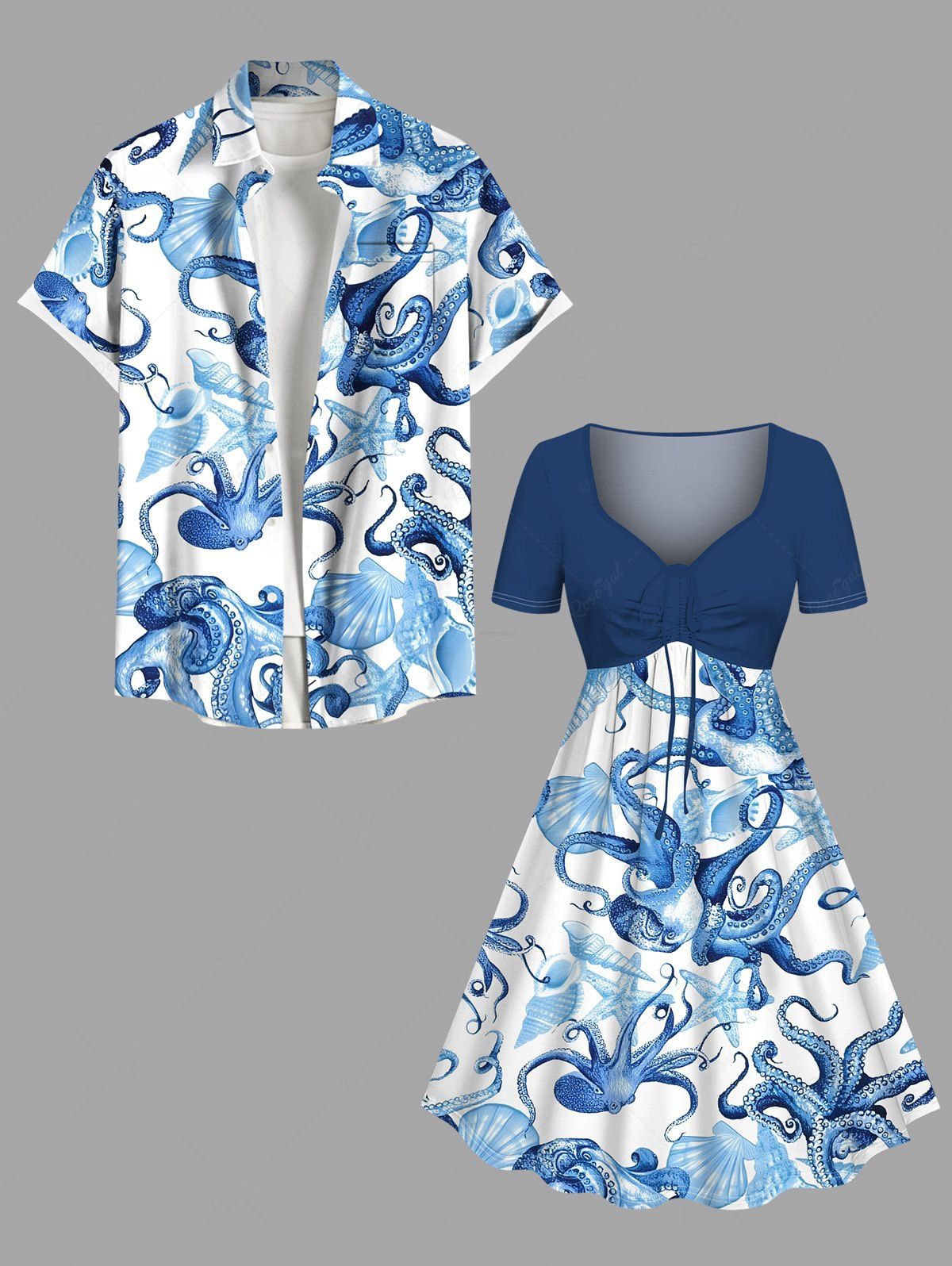 Outfits Octopus Starfish Shell Print Plus Size Matching Hawaii Beach Outfit For Couples  