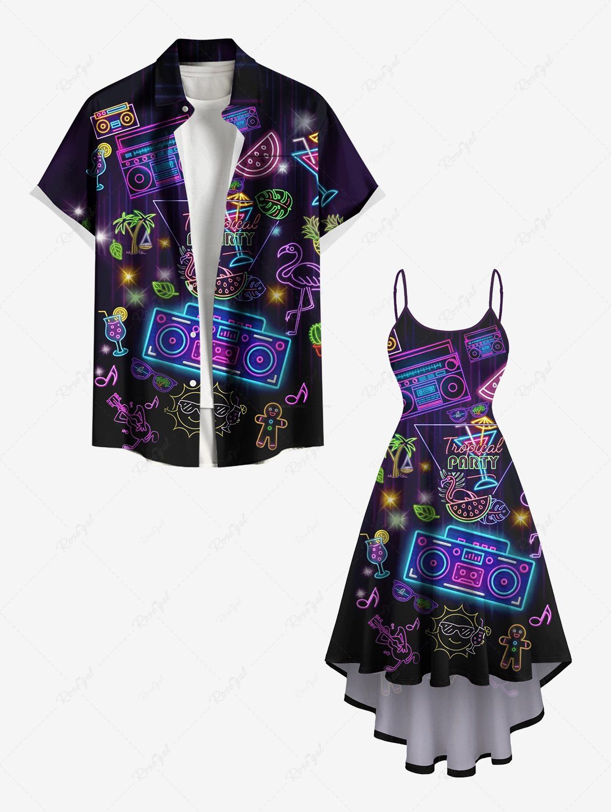 Online Coconut Tree Sun Recorder Flamingo Watermelon Print Plus Size Matching Hawaii Beach Outfit For Couples  