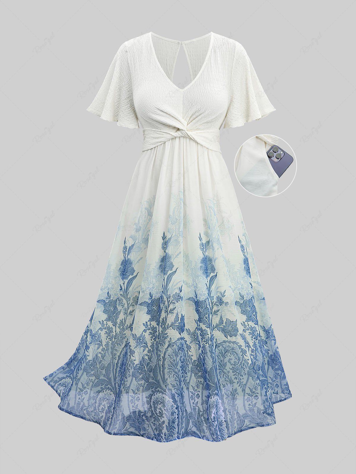 Shop Plus Size Blue And White Porcelain Flowers Print Twist Hollow Out Back Ruffles Dress  
