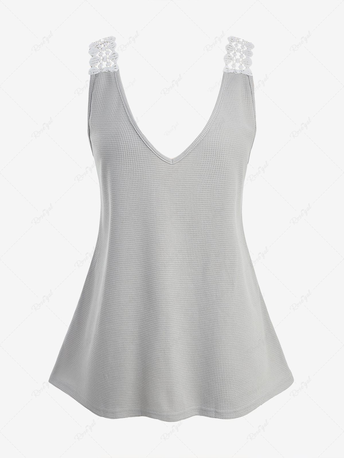 Unique Plus Size Lace Trim Patchwork Waffle Textured Tank Top  