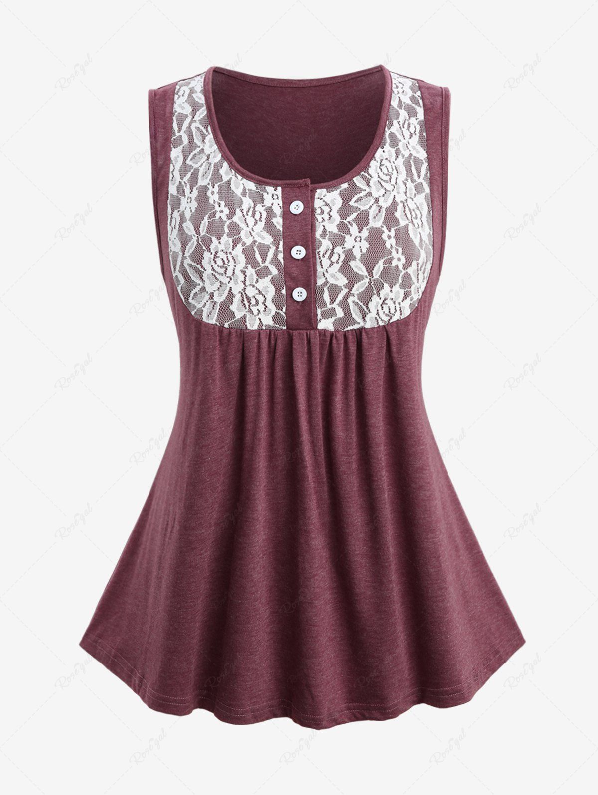Discount Plus Size Floral Lace Panel Buttons Sleeveless Tank Top  