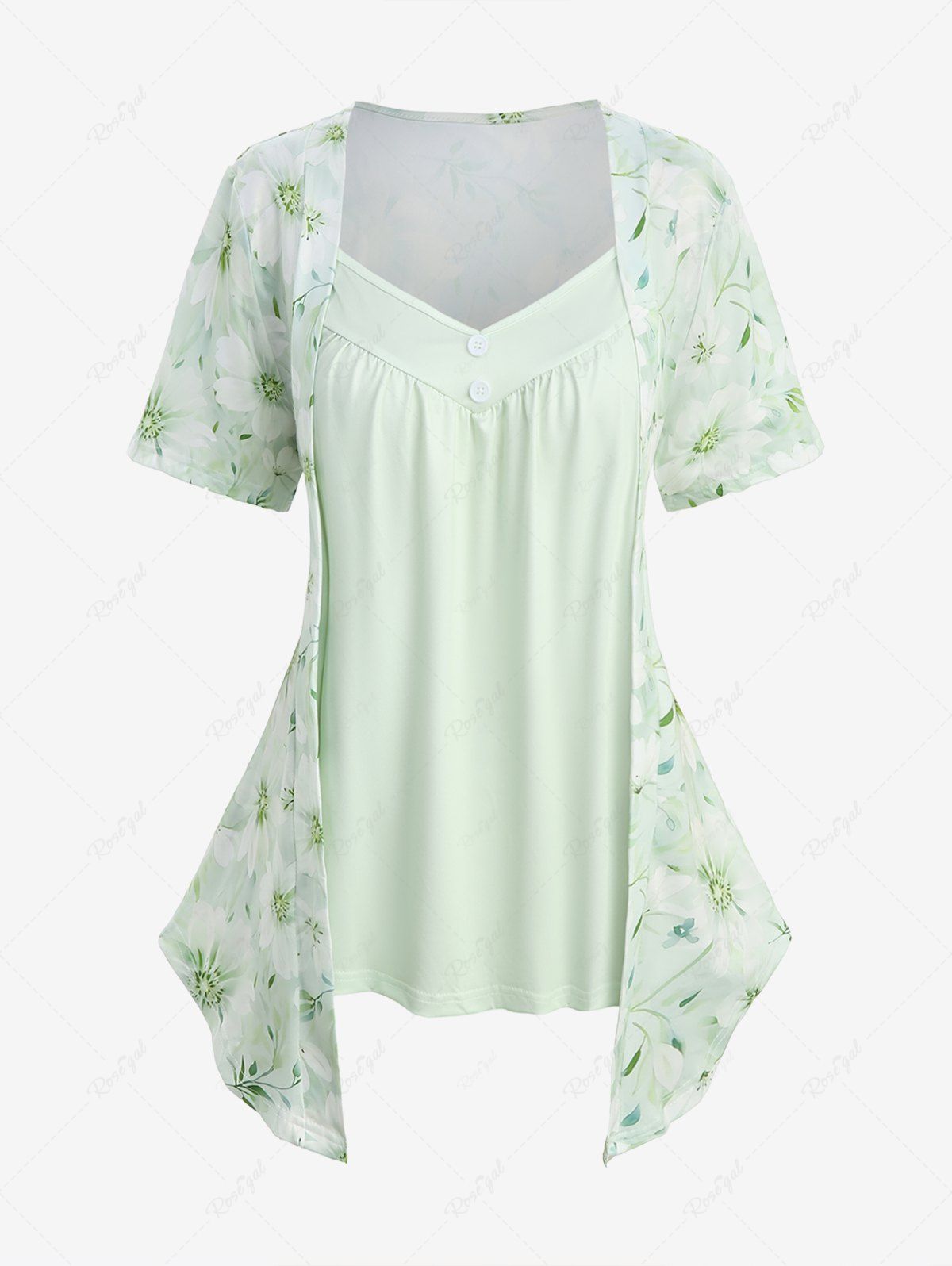 Shop Plus Size Floral Leaf Print Mock Buttons Patchwork 2 in 1 Top  