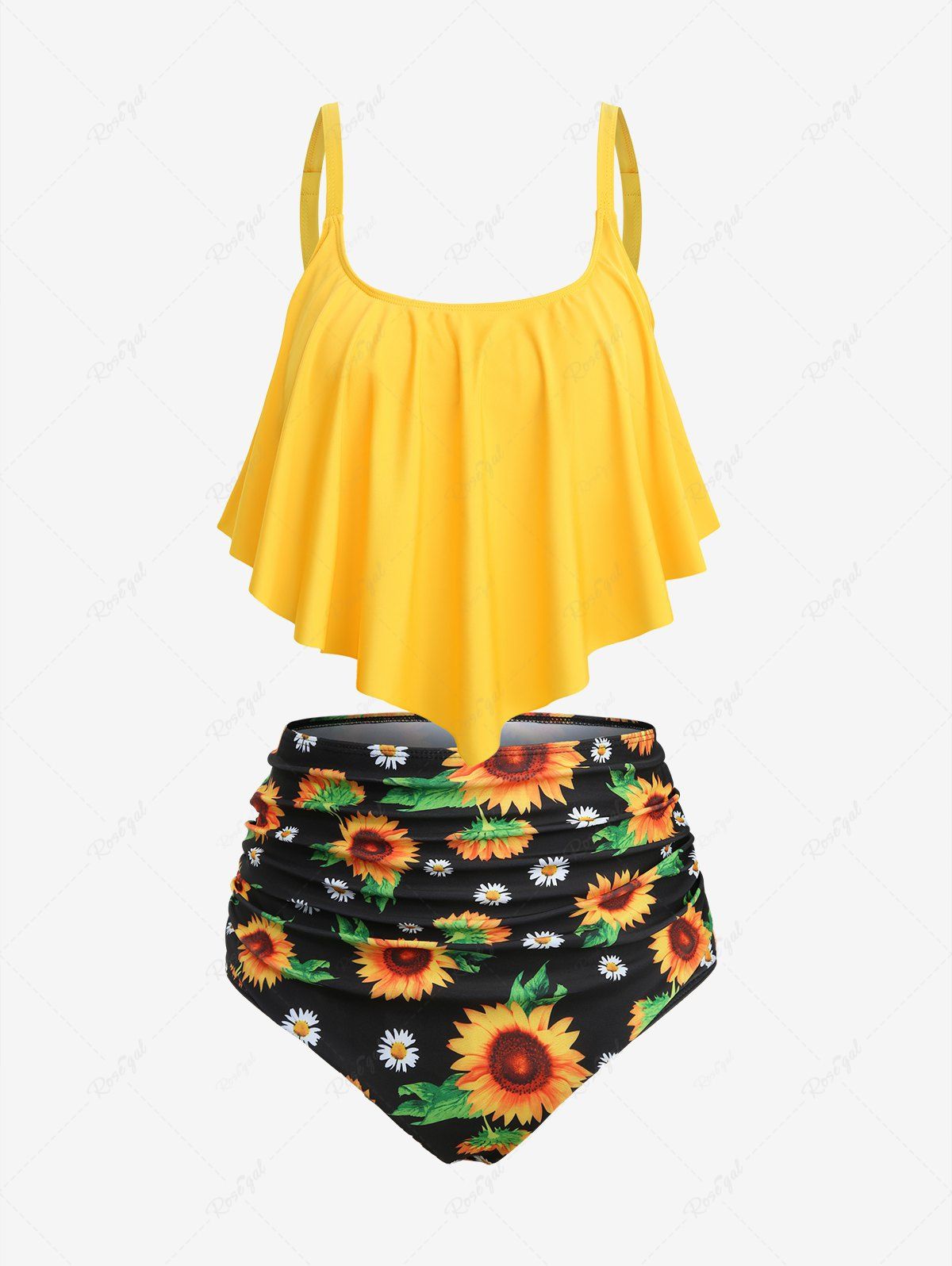 Maillot de Bain Tankini Péplum à Bretelle Réglable Tournesol Imprimé de Grande Taille Jaune 5X