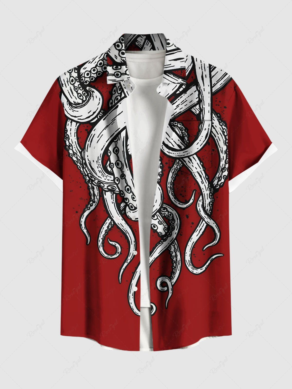 Affordable Plus Size Octopus Print Hawaii Button Pocket Shirt For Men  