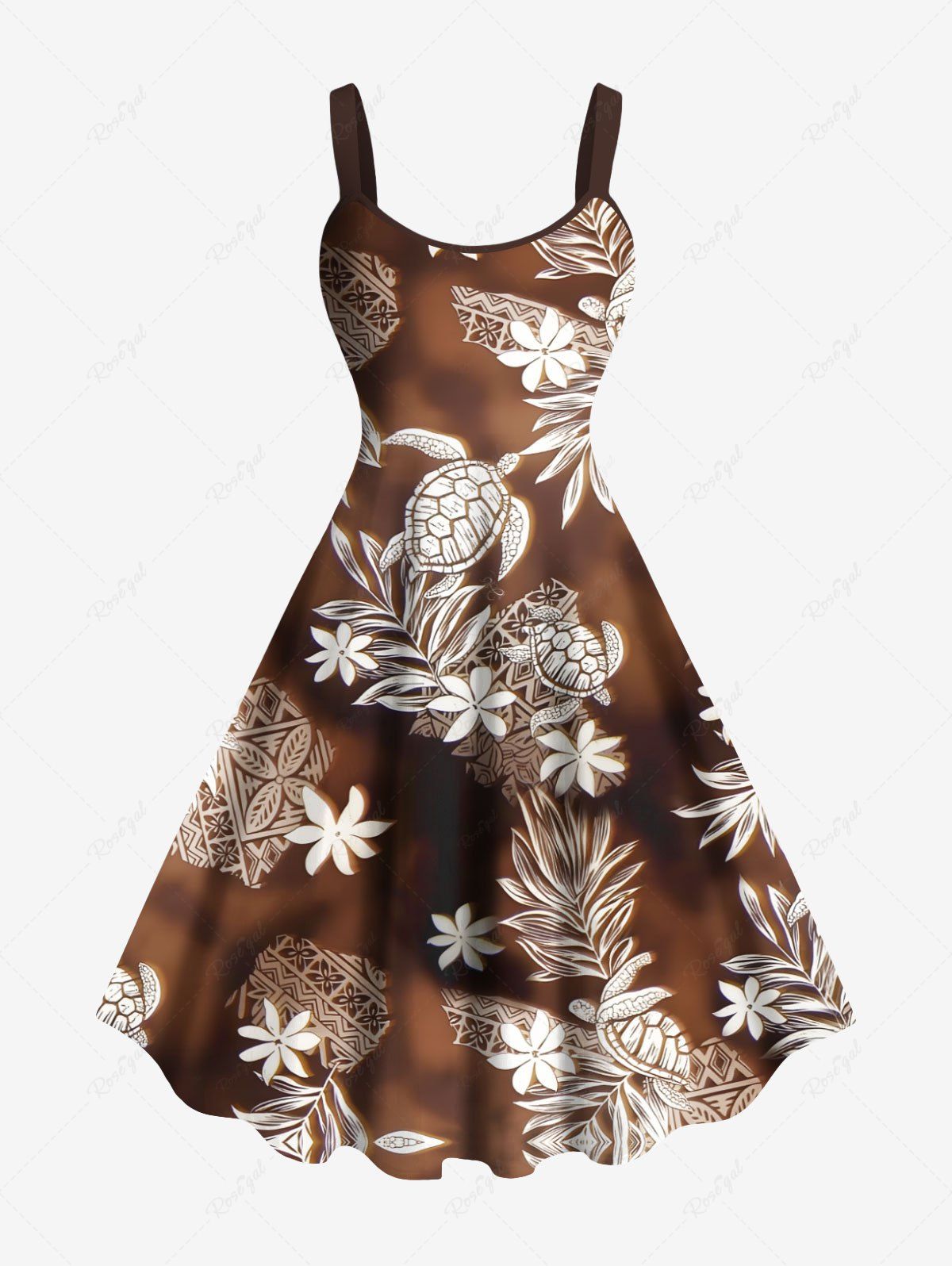 Fancy Plus Size Tropical Leaf Flower Turtle Ethnic Graphic Ombre Print Hawaii A Line Tank Dress  