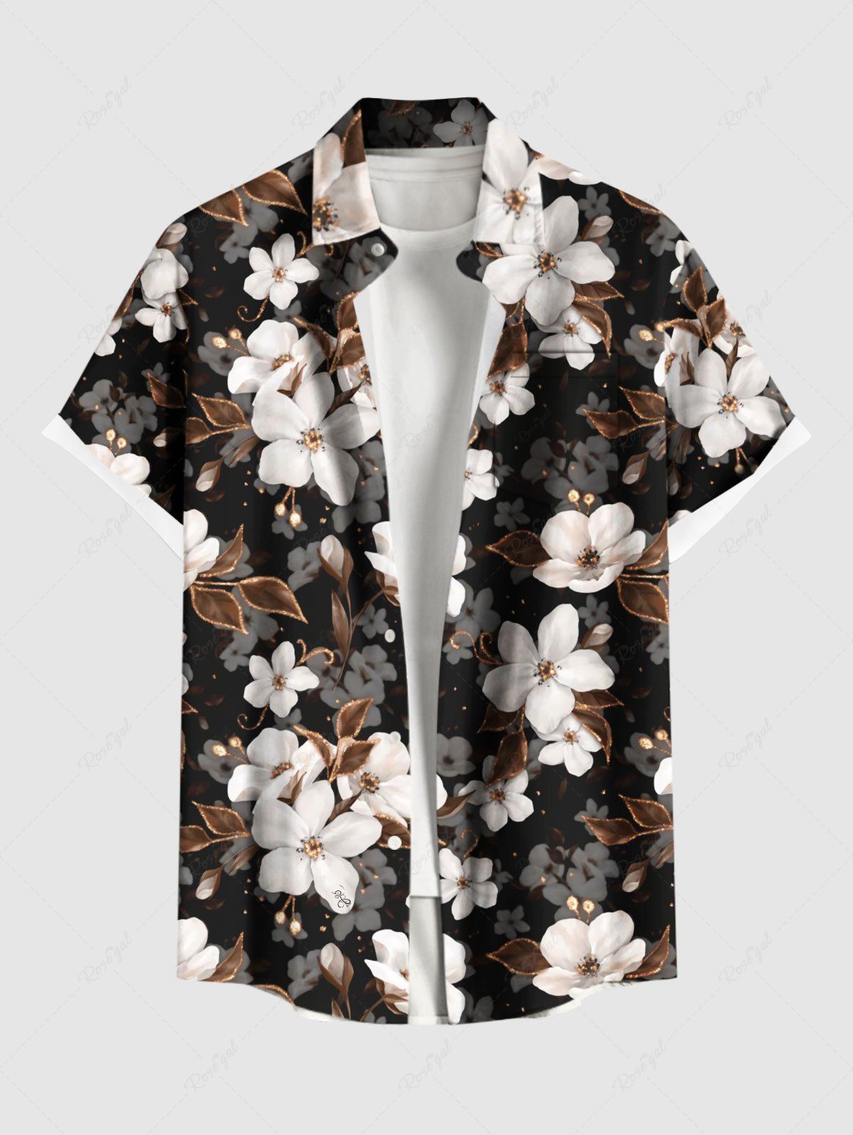 Unique Plus Size Ombre Floral Leaves Print Hawaii Button Pocket Shirt For Men  