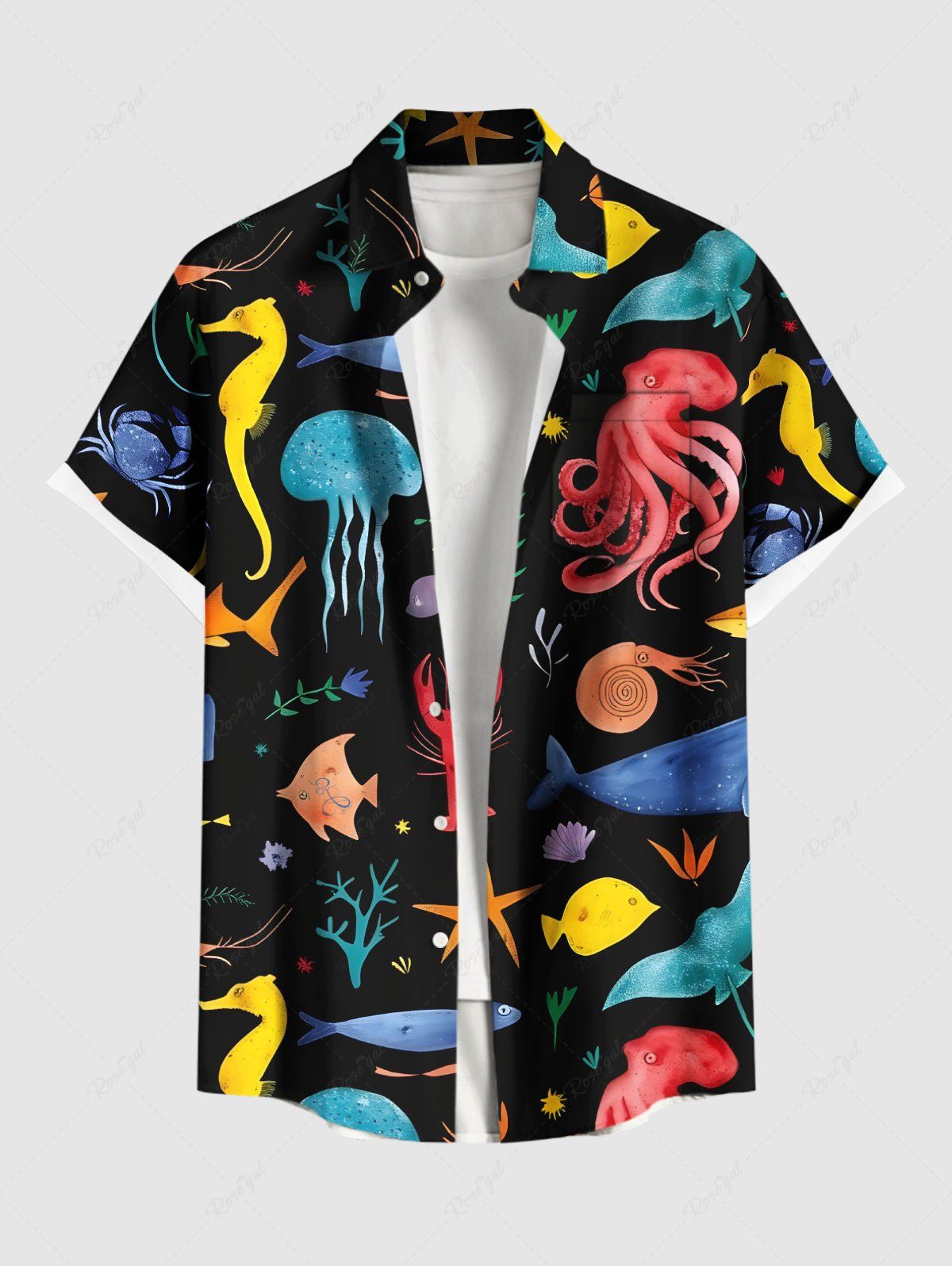 Hot Plus Size Colorful Octopus Jellyfish Seahorse Coral Fish Print Hawaii Sea Creatures Button Pocket Shirt For Men  
