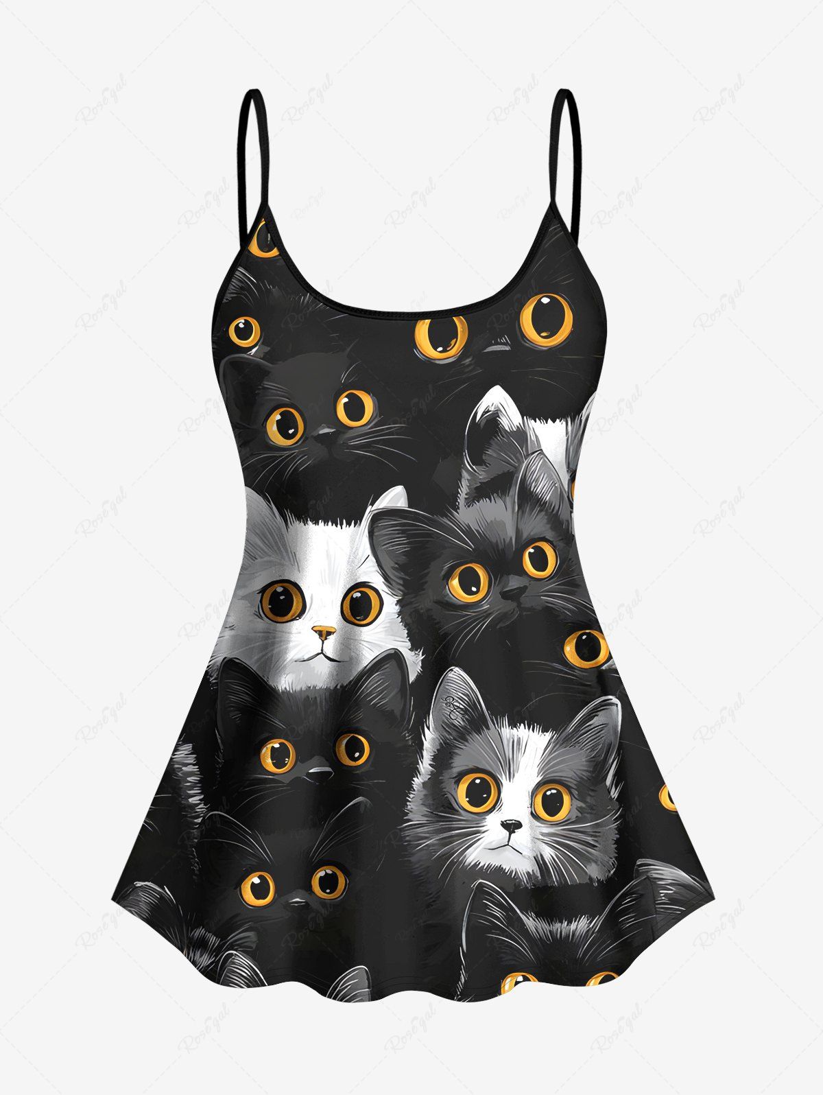 Haut de Tankini Chat Mignon Imprimé en Deux Couleurs à Bretelle Ajustable (Haut) Noir 6X