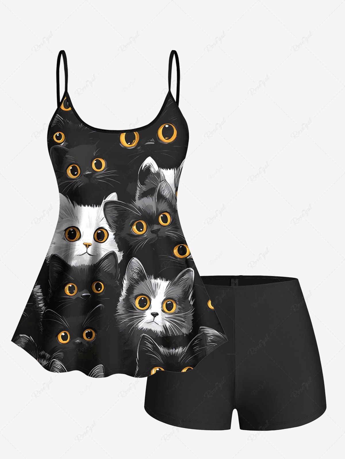 Ensemble de Haut Tankini Chat Mignon Imprimé en Deux Couleurs et de Short Assortis de Grande Taille Noir 