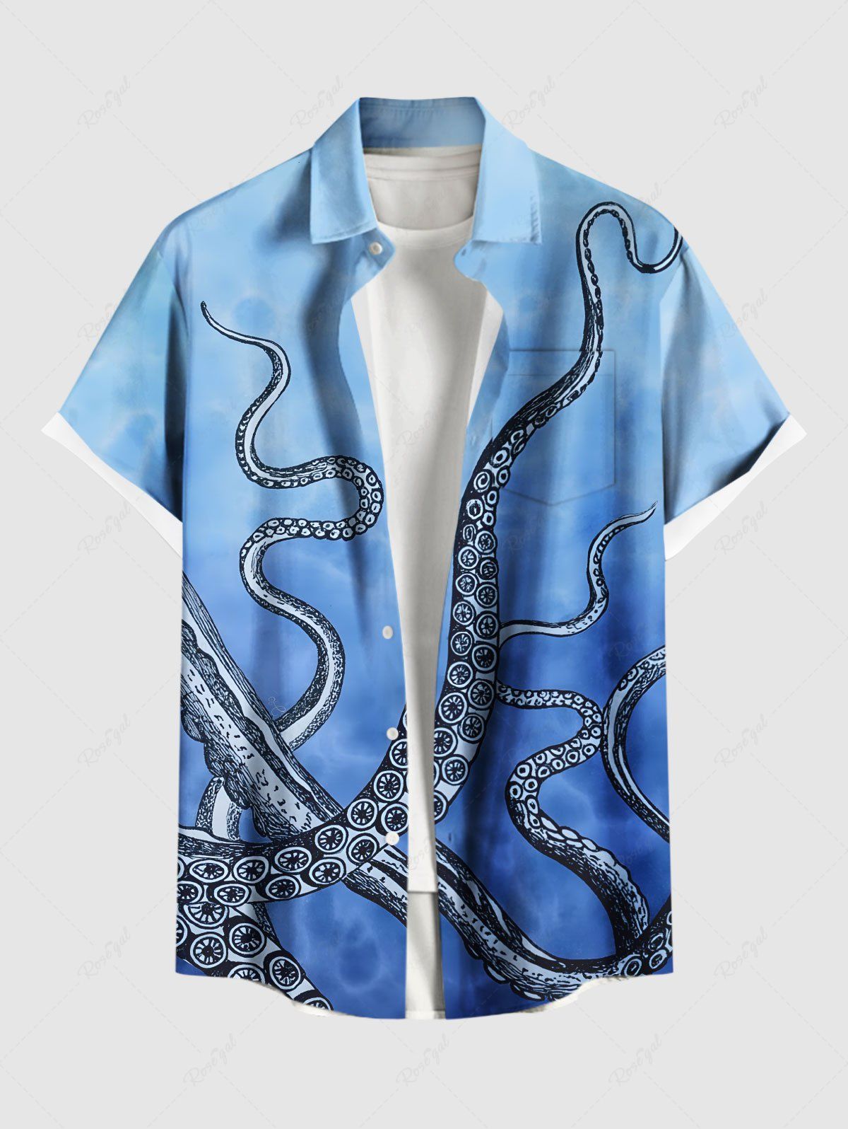 Chemise Boutonnée Pieuvre de Mer Imprimée de Grande Taille avec Poche Bleu M