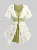 Watercolor Flowers Printed Buckle Ruched Ruffles Ribbed Textured 2 In 1 Blouse and Ombre Printed Capri Leggings Plus Size Outfit -  