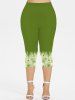 Watercolor Flowers Printed Buckle Ruched Ruffles Ribbed Textured 2 In 1 Blouse and Ombre Printed Capri Leggings Plus Size Outfit -  