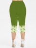 Watercolor Flowers Printed Buckle Ruched Ruffles Ribbed Textured 2 In 1 Blouse and Ombre Printed Capri Leggings Plus Size Outfit -  