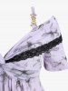 Flower Print Twist Convertible Collar Top and Split Lace Up Topstitching Pocket Flare Pants Plus Size Outfit -  